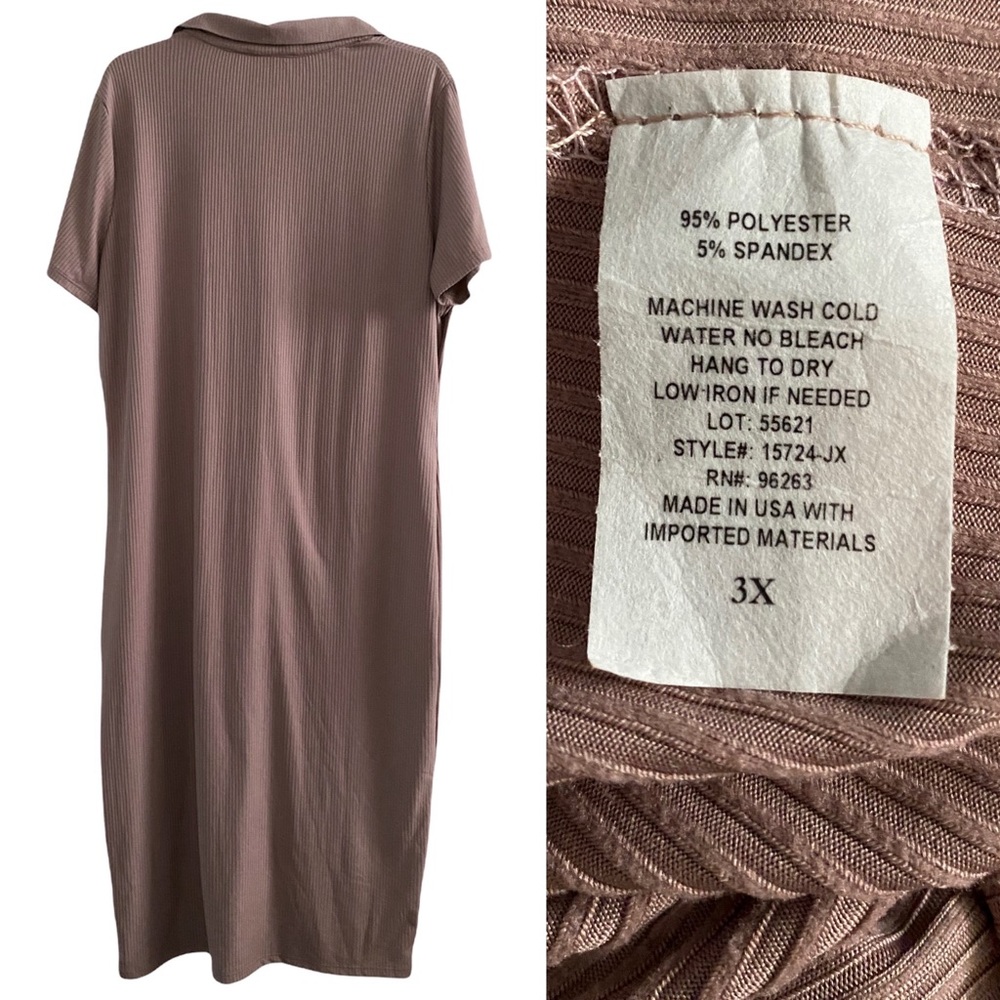 Forever Rose ribbed stretchy collared shirt dress (midi), mauve - Picture 2 of 7